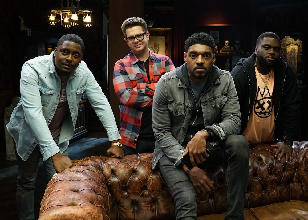 A group hero shot with the hosts Dalen Spratt (left), Jack Osbourne (back center), Juwan Mass (front center) & Marcus Harvey (right) on set as seen on Travel Channel's Fright Club.